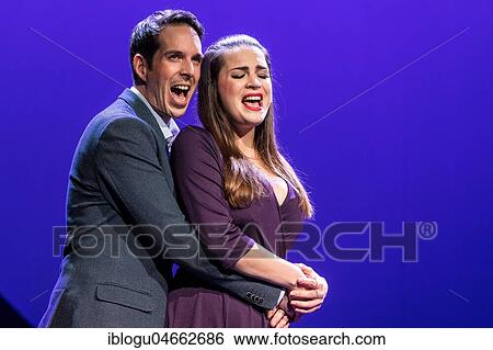 Stock Photograph - The leading actors Christian Sollberger as Julian and Maren Kern as Laura at the musical 95 - Ninety-Five live at Le Théâtre im Gersag, Emmen, Lucerne, Switzerland, Europe. Fotosearch