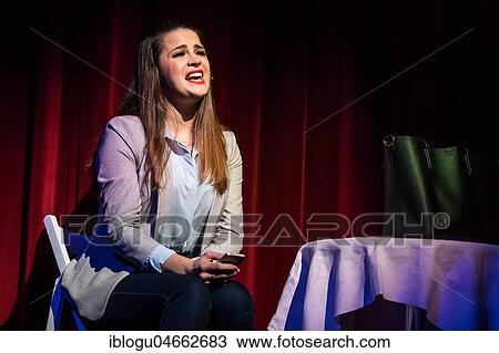 Stock Image - The leading actress Maren Kern as Laura at the musical 95 - Ninety-Five live at Le Théâtre im Gersag, Emmen, Lucerne, Switzerland, Europe. Fotosearch