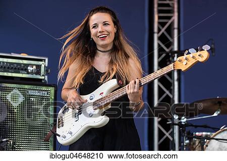 Stock Image - The Swiss band Mama Jefferson with singer Vanja Vukelic, guitarist Silvan Gerhard and drummer Mattia Ferrari, live at the 25th Blue Balls Festival in Lucerne, Switzerland, Europe. Fotosearch