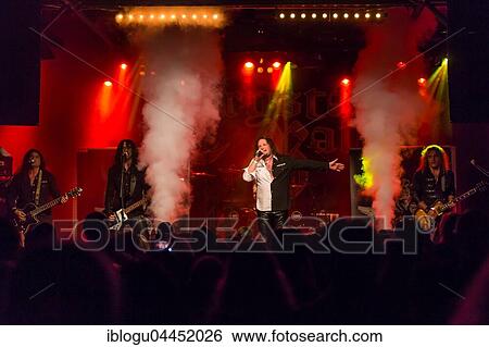 Stock Photograph - The Swiss hard rock band Crystal Ball live in the Schüür Luzern, Switzerland Steven Mageney, vocals Scott Leach, guitar Tony Castell, guitar Marcel Sardella, drums Cris Stone, bass. Fotosearch