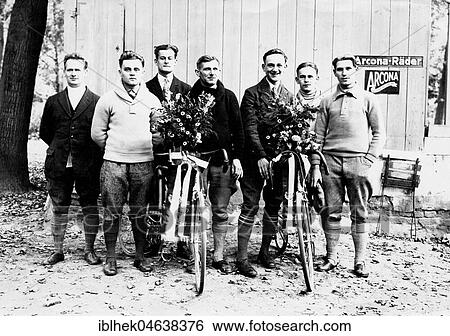 Stock Photograph - The two winners of a bike race, ca. 1926, 1920s, exact location unknown, Germany, Europe. Fotosearch