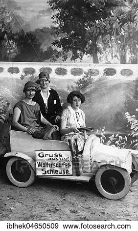 Three women in a small car made of wood, greetings from Waltersdorf sluice, 31. 7. 1926, Waltersdorf, Germany, Europe View Large Photo Image Stock Photo - Three women in a small car made of wood, greetings from Waltersdorf sluice, 31. 7. 1926, Waltersdorf, Germany, Europe. Fotosearch