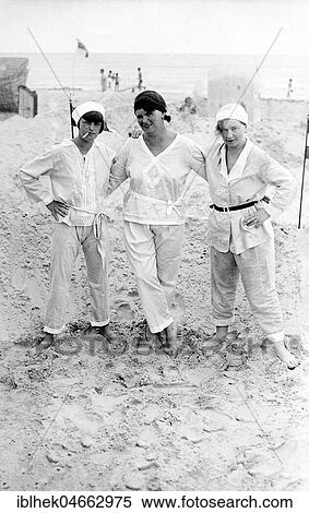 Stock Photography - Three Women in Summer Suit on the Beach, 1920s, Germany, Europe. Fotosearch