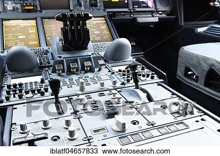 Stock Image - Thrusters, center console, instruments, cockpit, Airbus, A380-800, Lufthansa. Fotosearch