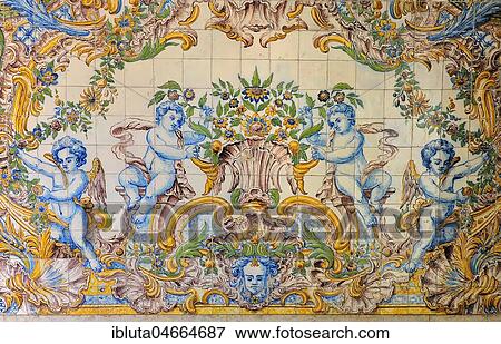 Stock Photo - Tile picture at the railway station, Azulejo tiles, Sintra, Portugal, Europe. Fotosearch