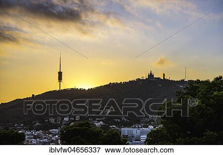 Torre de Collserola television tower, Collserola tower, Sagrat Cor church, Tibidabo theme park, on Tibidabo hill at sunset, Barcelona, Catalonia, Spain, Europe View Large Photo Image Stock Photo - Torre de Collserola television tower, Collserola tower, Sagrat Cor church, Tibidabo theme park, on Tibidabo hill at sunset, Barcelona, Catalonia, Spain, Europe. Fotosearch