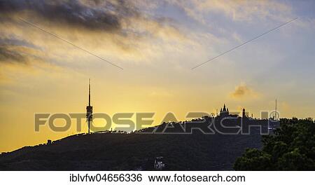Torre de Collserola television tower, Collserola tower, Sagrat Cor church, Tibidabo theme park, on Tibidabo hill at sunset, Barcelona, Catalonia, Spain, Europe View Large Photo Image Stock Photograph - Torre de Collserola television tower, Collserola tower, Sagrat Cor church, Tibidabo theme park, on Tibidabo hill at sunset, Barcelona, Catalonia, Spain, Europe. Fotosearch