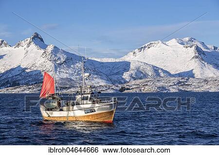Stock Photograph - Traditional fishing boat catching the net, snowy mountains in the background, Lofoten, Norway, Europe. Fotosearch