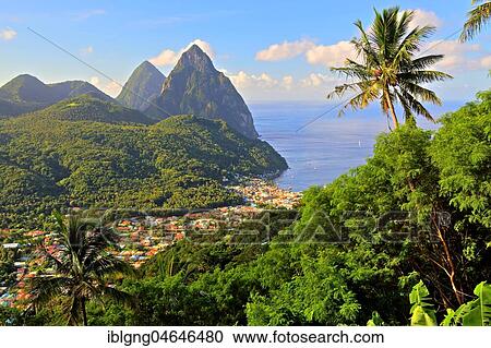 Tropical landscape with view of the village and the two Pitons, Gros Piton 770m and Petit Piton 743m, Soufriere, St. Lucia, Lesser Antilles, West Indian Islands, Caribbean Sea View Large Photo Image Stock Image - Tropical landscape with view of the village and the two Pitons, Gros Piton 770m and Petit Piton 743m, Soufriere, St. Lucia, Lesser Antilles, West Indian Islands, Caribbean Sea. Fotosearch
