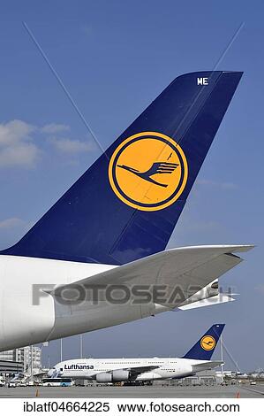 Stock Photography - Two Airbus, A380-800, Lufthansa, in parking position, logo on rear wing, Munich Airport, Upper Bavaria, Bavaria, Germany, Europe. Fotosearch