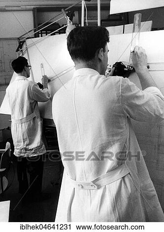 Stock Image - Two architects at work, 1960s, Berlin, Germany, Europe. Fotosearch