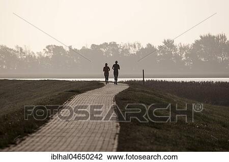 Stock Image - Two joggers on a dike, Fischland-Darß-Zingst, morning atmosphere, Western Pomerania Lagoon Area National Park, Mecklenburg-Western Pomerania, Germany, Europe. Fotosearch