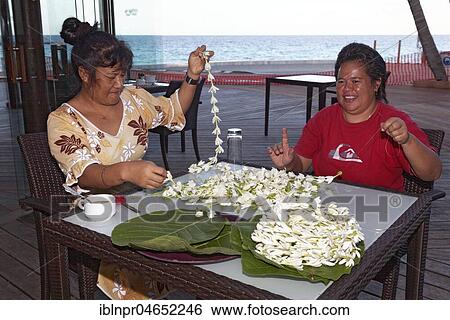 Two women, Polynesian, threads white blossoms, flowers to necklaces, Rangiroa, society islands, Windward Islands, French Polynesia, Oceania View Large Photo Image Stock Photograph - Two women, Polynesian, threads white blossoms, flowers to necklaces, Rangiroa, society islands, Windward Islands, French Polynesia, Oceania. Fotosearch