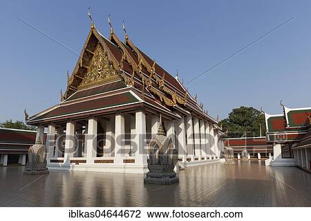 Stock Image - Ubosot of Wat Sakret, Temple Golden Mountain, District Pom Prap Sattru Phai, Bangkok, Thailand, Asia. Fotosearch