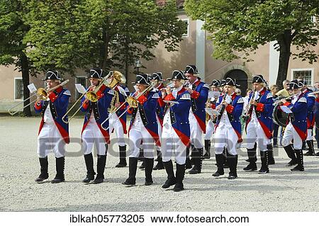 Stock Photography - Ulmer Binder Dance in the monastery yard in Wiblingen, chapel, musicians in costume of garrison soldiers, tradition, customs, cooper, cooper, Ulm, Baden-Württemberg, Germany, Europe. Fotosearch
