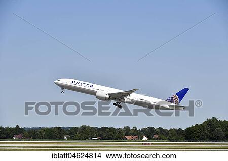 United Airlines during take-off, Boeing B777-222, Munich Airport, Bavaria, Germany, Europe View Large Photo Image Picture - United Airlines during take-off, Boeing B777-222, Munich Airport, Bavaria, Germany, Europe. Fotosearch