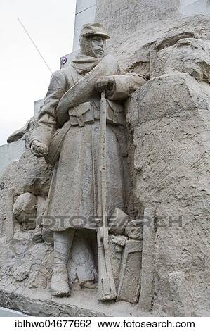 Stock Image - Vauquois Hill, French monument with sculpture, soldiers in the trenches, World War I, near Verdun, Vauquois, Grand Est, France, Europe. Fotosearch