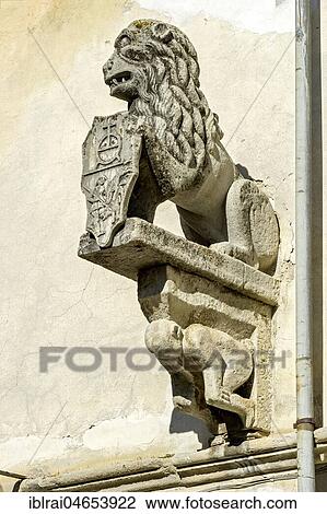 Venetian sculpture, Leone Veneziano, stone lion with coat of arms on the façade of Palazzo Apollonio, old town, Agnone, Molise, Italy, Europe View Large Photo Image Stock Image - Venetian sculpture, Leone Veneziano, stone lion with coat of arms on the façade of Palazzo Apollonio, old town, Agnone, Molise, Italy, Europe. Fotosearch