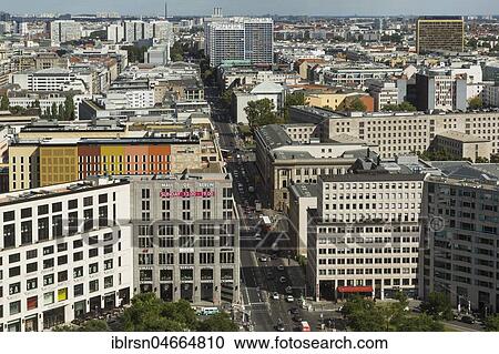 Stock Image - View from the DB-Tower to Leipziger Platz and Leipziger Straße, in front left Mall of Berlin, Berlin, Germany, Europe. Fotosearch