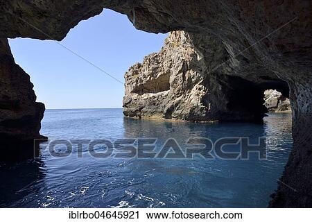 Stock Image - View from the sea cave Grotta Perciata, island of Marettimo, Egadic Islands, Italy, Europe. Fotosearch