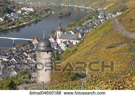 View from the vineyards with round tower to Zell an der Mosel, Rhineland-Palatinate, Germany, Europe View Large Photo Image Stock Photo - View from the vineyards with round tower to Zell an der Mosel, Rhineland-Palatinate, Germany, Europe. Fotosearch
