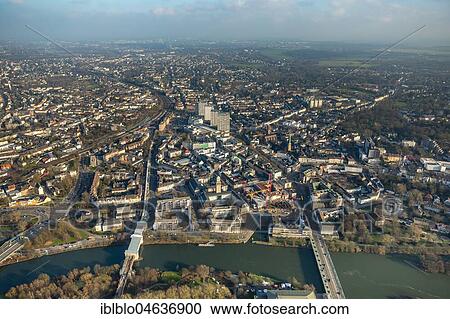 Stock Image - View of city centre with river Ruhr, Mülheim an der Ruhr, Ruhr area, North Rhine-Westphalia, Germany, Europe. Fotosearch