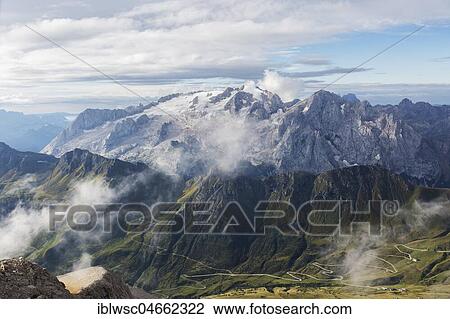 Stock Image - View of Marmolada mountain massif, Dolomites, South Tyrol, Italy, Europe. Fotosearch