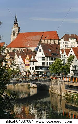 Picture - View of the Old Town, Neckar Bridge, Neckar, Collegiate Church, Tübingen, Baden Württemberg, Germany, Europe. Fotosearch