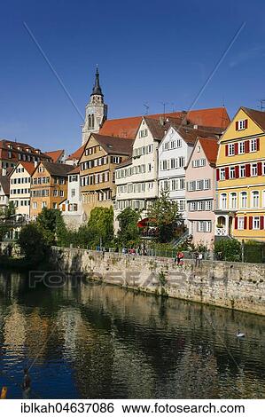 Stock Photograph - View of the Old Town, Neckar Bridge, Neckar, Collegiate Church, Tübingen, Baden Württemberg, Germany, Europe. Fotosearch
