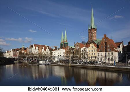 View of the Old Town on Obertrave, Church of St. Marien, Church of St. Petri, Lübeck, Schleswig-Holstein, Germany, Europe View Large Photo Image Stock Image - View of the Old Town on Obertrave, Church of St. Marien, Church of St. Petri, Lübeck, Schleswig-Holstein, Germany, Europe. Fotosearch