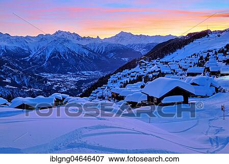 View of the snow-covered village overlooking the Rhone valley towards Dom 4545m, Matterhorn 4478m and Weisshorn 4505m, evening twilight, Bettmeralp, Aletsch area, Upper Valais, Valais, Switzerland, Europe View Large Photo Image Stock Photo - View of the snow-covered village overlooking the Rhone valley towards Dom 4545m, Matterhorn 4478m and Weisshorn 4505m, evening twilight, Bettmeralp, Aletsch area, Upper Valais, Valais, Switzerland, Europe. Fotosearch
