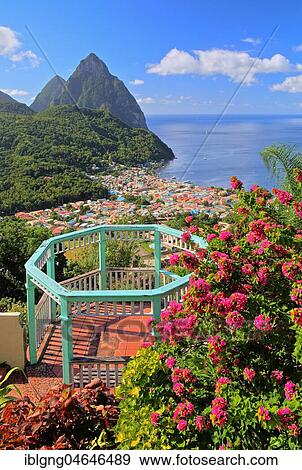 Stock Photo - View of the village and the two Pitons, Gros Piton 770m and Petit Piton 743m, Soufriere, St. Lucia, Lesser Antilles, West Indian Islands, Caribbean Sea. Fotosearch