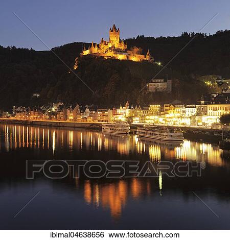 Stock Photograph - View over the Moselle to Cochem Castle, night view, Cochem, Rhineland-Palatinate, Germany, Europe. Fotosearch