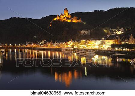 Stock Photography - View over the Moselle to Cochem Castle, night view, Cochem, Rhineland-Palatinate, Germany, Europe. Fotosearch