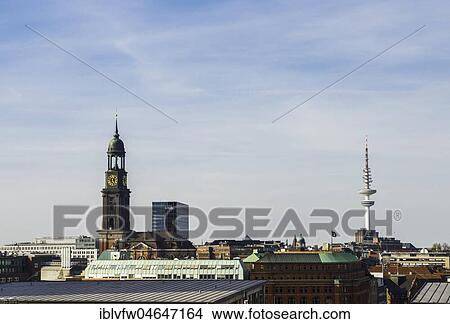 View over the roofs of Hamburg, city view, church tower St. Michaelis or Michel, Hamburg TV tower, Hamburg, Germany, Europe View Large Photo Image Picture - View over the roofs of Hamburg, city view, church tower St. Michaelis or Michel, Hamburg TV tower, Hamburg, Germany, Europe. Fotosearch