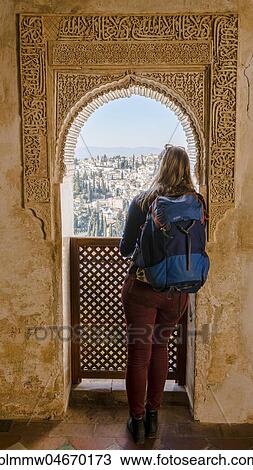 Stock Image - View through an archway decorated with arabesques, Moorish ornaments, Summer Palace Generalife, Palacio de Generalife, Granada, Andalusia, Spain, Europe. Fotosearch