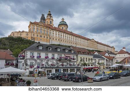 View to the monastery from the town hall square, Melk, Lower Austria, Austria, Europe View Large Photo Image Stock Photo - View to the monastery from the town hall square, Melk, Lower Austria, Austria, Europe. Fotosearch