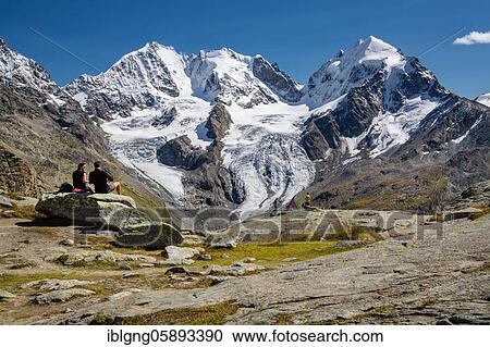 Stock Image - Viewpoint on Fuorcla Surlej with Piz Bernina and Piz Roseg, Silvaplana, Bernina Alps, Upper Engadine, Engadine, Grisons, Switzerland, Europe. Fotosearch