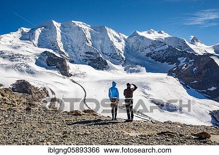 Stock Photograph - Viewpoint on the Diavolezza with Piz Palü and Persgletscher, Vadret Pers, Pontresina, Bernina Alps, Upper Engadine, Engadine, Grisons, Switzerland, Europe. Fotosearch