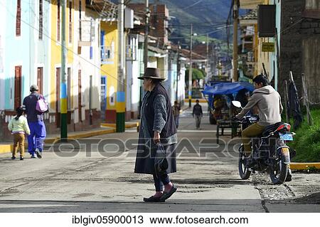 Stock Image - Village life on the main road, Chavín de Huántar, near Huaraz, Ancash region, Peru, South America. Fotosearch