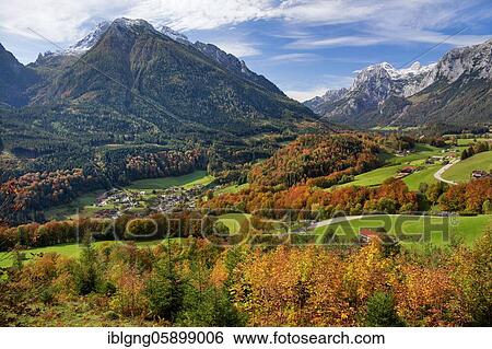 Stock Photograph - Village overview with Hochkalter and Reiteralpe, Ramsau, Berchtesgadener Alps, Berchtesgadener Land, Upper Bavaria, Bavaria, Germany, Europe. Fotosearch