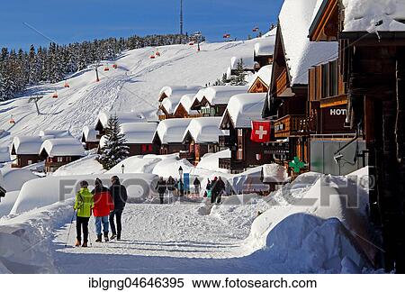 Stock Photography - Village road with snow-covered chalets, Bettmeralp, Aletsch area, Upper Valais, Valais, Switzerland, Europe. Fotosearch