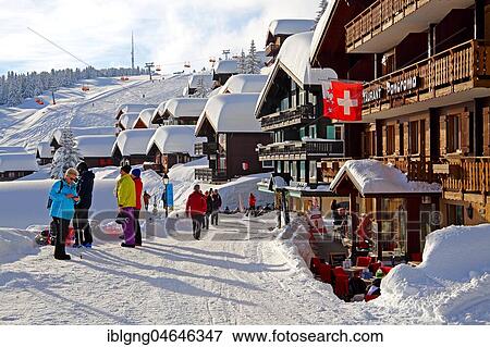 Stock Photo - Village road with snow-covered houses, Bettmeralp, Aletsch area, Upper Valais, Valais, Switzerland, Europe. Fotosearch