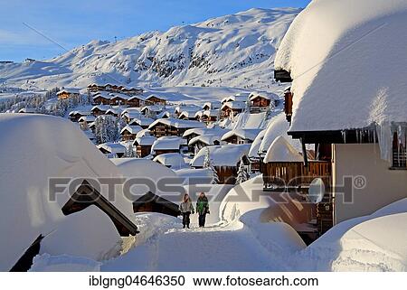 Stock Image - Village view with snow-covered chalets, Bettmeralp, Aletsch area, Upper Valais, Valais, Switzerland, Europe. Fotosearch