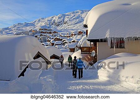 Stock Image - Village view with snow-covered chalets, Bettmeralp, Aletsch area, Upper Valais, Valais, Switzerland, Europe. Fotosearch