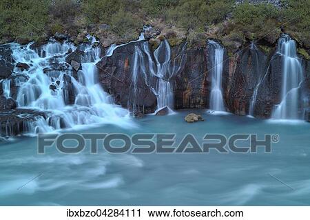 Wasserfall Hraunfossar, Fluss Hvita, Island, Europa View Large Photo Image Stock Image - Wasserfall Hraunfossar, Fluss Hvita, Island, Europa. Fotosearch