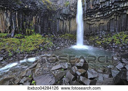 Stock Photograph - Wasserfall Svartifoss mit Basaltsaulen, Skaftafell Nationalpark, Island, Europa. Fotosearch