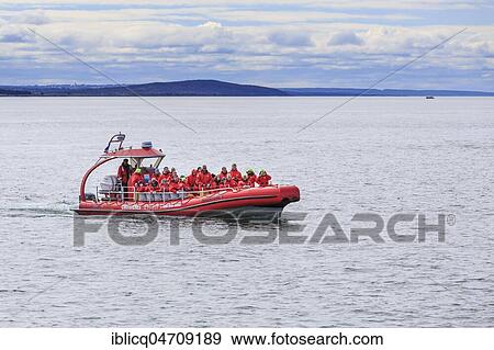 Stock Photo - Whale watching tourists on the St. Lawrence River, Tadoussac, Québec Province, Canada, North America. Fotosearch
