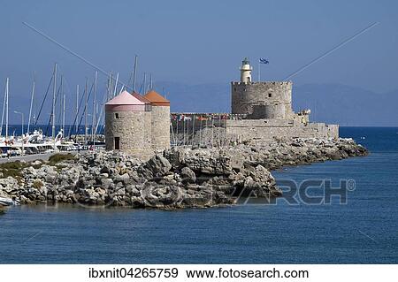 Windmuhlen und Festung Agios Nikolaos am Mandraki-Hafen mit internationalen Flaggen, Rhodos-Stadt, Rhodos, Dodekanes, Griechenland, Europa View Large Photo Image Stock Photo - Windmuhlen und Festung Agios Nikolaos am Mandraki-Hafen mit internationalen Flaggen, Rhodos-Stadt, Rhodos, Dodekanes, Griechenland, Europa. Fotosearch