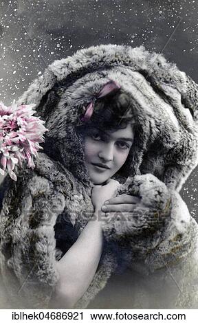 Stock Image - Woman in fur coat, 1910s, Germany, Europe. Fotosearch